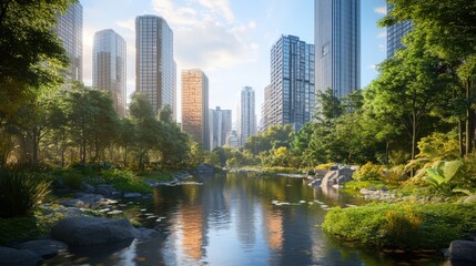 Obraz premium A city with a river running through it and a forest on the other side