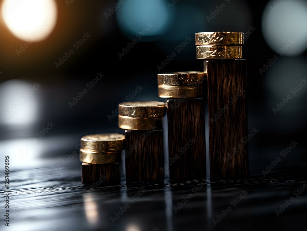 Aufkleber stacked gold coins forming ascending graph bars on dark background with bokeh lights, representing f