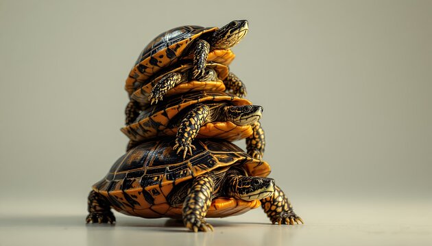 Stacked Turtles Balancing on Top of Each Other in Studio Setting