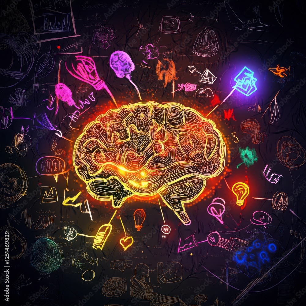 Poster illustrative representation of a brain on dark background with glowing effects and colorful patterne