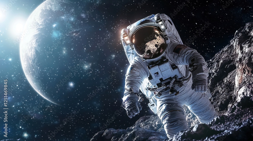 Aufkleber a man in a spacesuit is standing on a rocky surface in front of a large planet