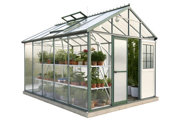 Modern greenhouse with diverse plants and pots