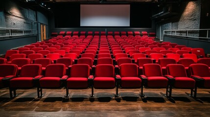 Naklejka premium People sitting in cinema hall with white blank screen. View from back. Rows of seats, red cinema chairs. Theater empty scene. Movie theatre. Flat style cartoon design. Vector eps10 illustration.
