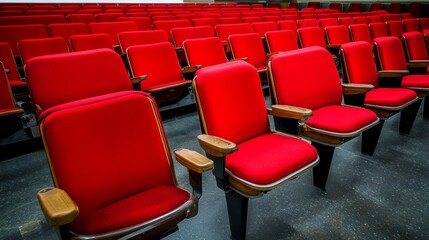 Fototapeta premium People sitting in cinema hall with white blank screen. View from back. Rows of seats, red cinema chairs. Theater empty scene. Movie theatre. Flat style cartoon design. Vector eps10 illustration.