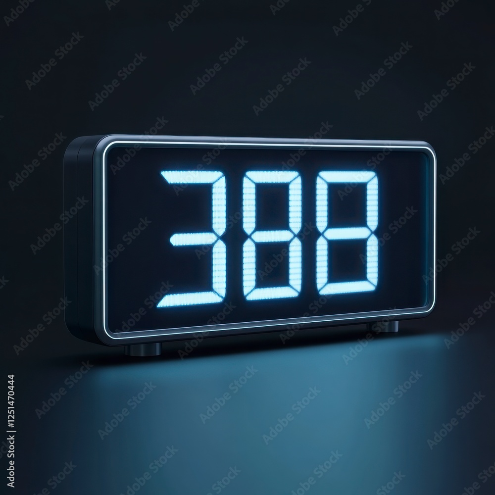 Poster modern digital clock displaying number 388 with blue light illuminated display timepiece graphic ele