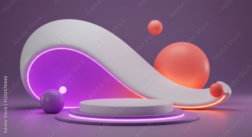 Poster abstract neon glow display: a futuristic 3d rendering featuring a white cylindrical podium with vibr