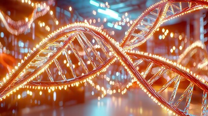 DNA helix: The foundation of biological innovation. Vibrant 3D representation of DNA strands with glowing lights.