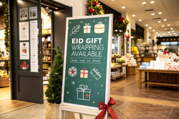 A festive sign promoting Eid gift wrapping services, displayed in a decorated shop with a cozy atmosphere.