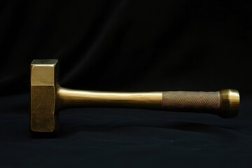 Brass sledge hammer lying horizontally against a dark backdrop