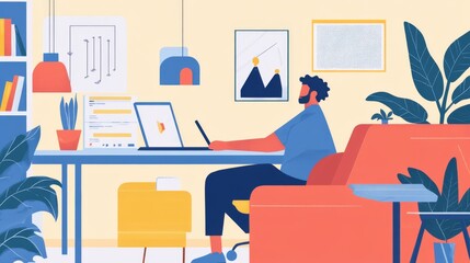 Colleagues talk to each other on the computer screen. Conference video call, working from home.