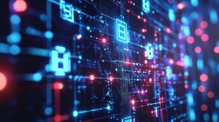 Obraz premium A computer screen with a lot of blue and red lines and squares