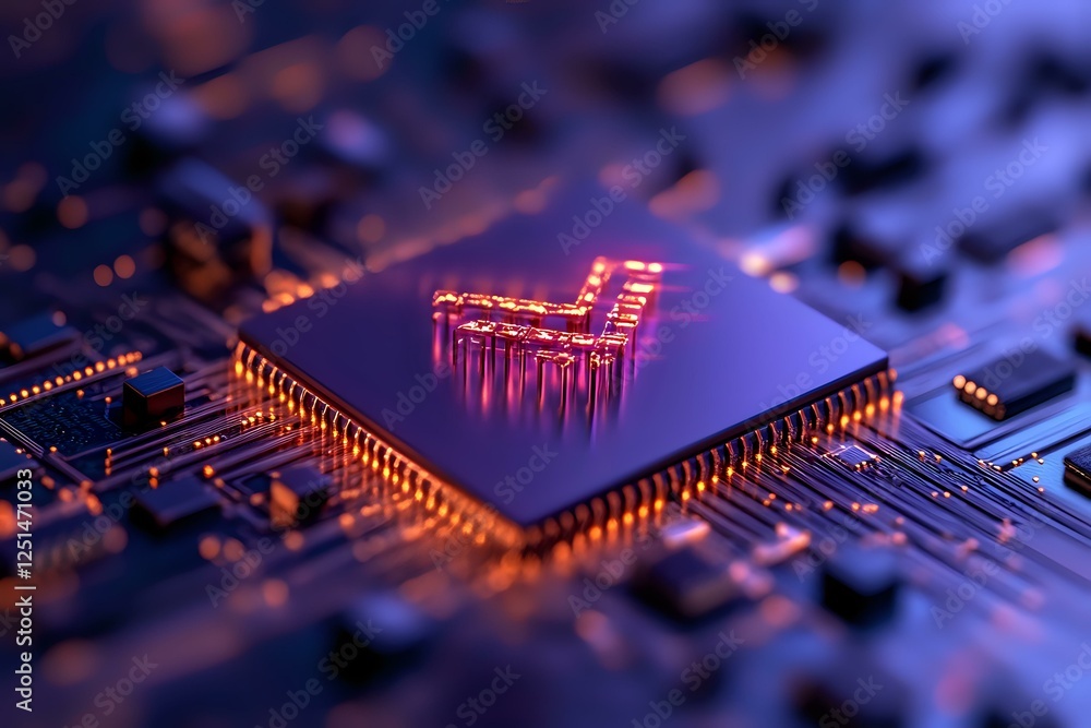 Aufkleber glowing microprocessor on circuit board with purple and blue lighting effects creates futuristic tec
