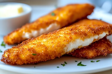 Crispy breaded fish fillets with golden-brown coating, garnished with fresh herbs and served with creamy dipping sauce on white plate, close-up food photography.