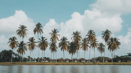 Fototapeta premium Tropical riverbank palm trees village scene, idyllic travel