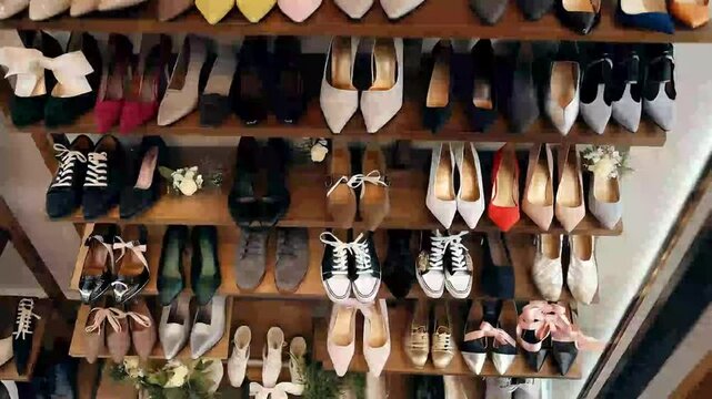 Shoe display rack with assorted fashion shoes and sandals. Stylish footwear collection arranged in rows on wrack for retail or boutique display.

