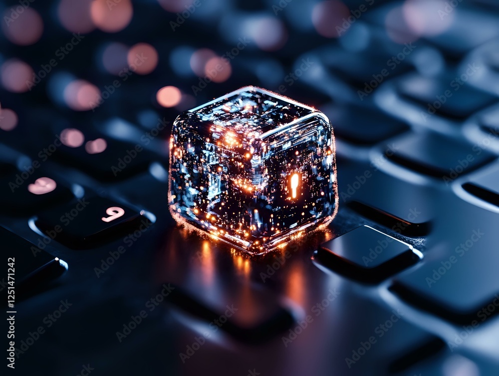 Poster glowing ice cube with orange light effects on computer keyboard against dark background with bokeh l