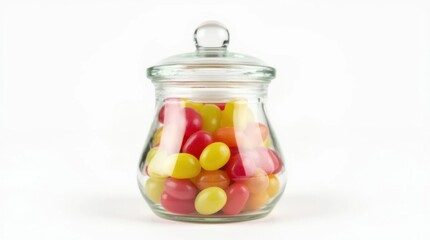 Transparent Jar Filled with Jelly Beans on White Background