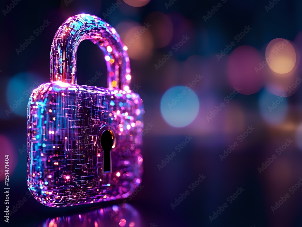 Poster glowing padlock with circuit pattern in neon pink and blue colors against dark background with bokeh