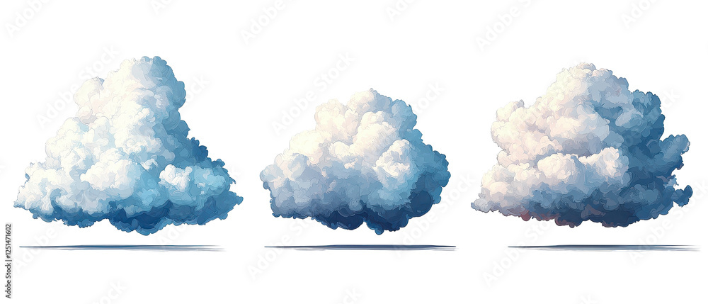 Poster fluffy white clouds in various shapes and sizes against transparency background