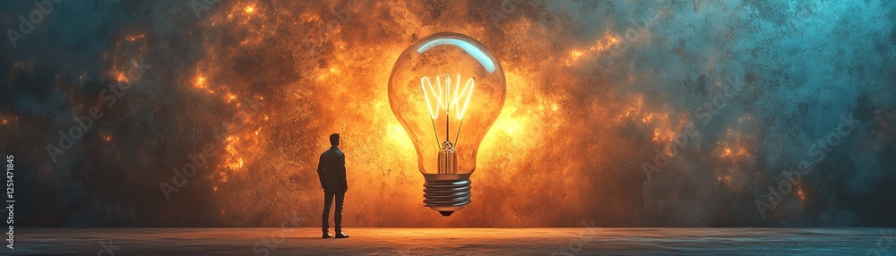 Poster a figure in front of a huge glowing light bulb, symbolizing the spark of innovation and problemsolvi