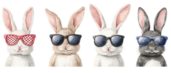 Cute rabbits wearing sunglasses in colorful illustration