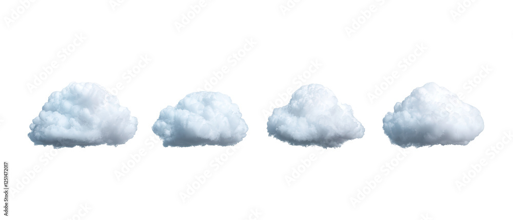 Poster fluffy white clouds in minimalistic layout against transparent background