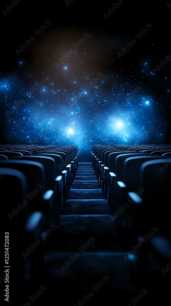 Poster empty cinema auditorium with rows of seats facing bright blue cosmic nebula and stars in dark space,