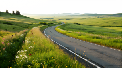 Scenic winding road through lush green fields