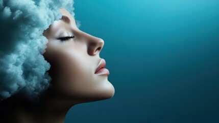 Fototapeta premium A woman with a cloud on her head and a blue background