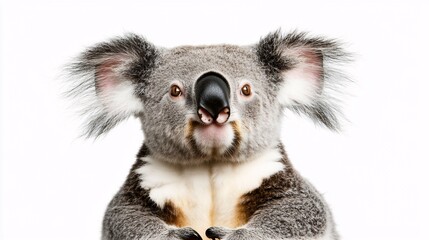 Obraz premium close-up of a koala’s face, featuring its fuzzy ears, black nose, and soft, textured fur, with a natural expression. koala.isolate on white background.Illustrations 