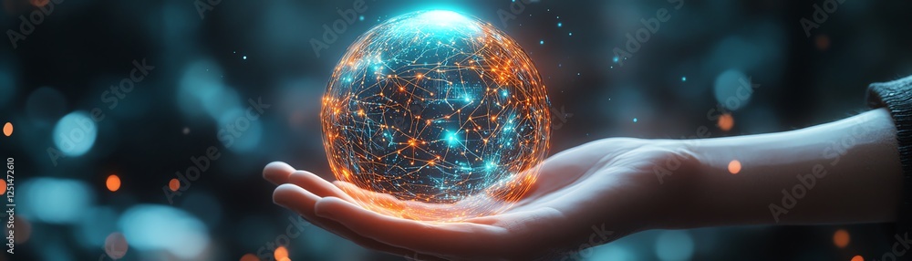 Poster a glowing orb of digital light held by a futuristic person, with ai neural networks and data streams