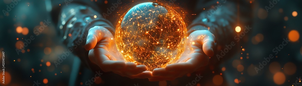 Poster a glowing orb of digital light held by a futuristic person, with ai neural networks and data streams