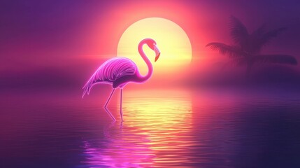 Fototapeta premium A pink flamingo stands in the water next to a palm tree