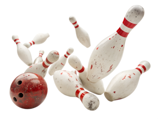 Bowling pins topple as the ball rolls down lane