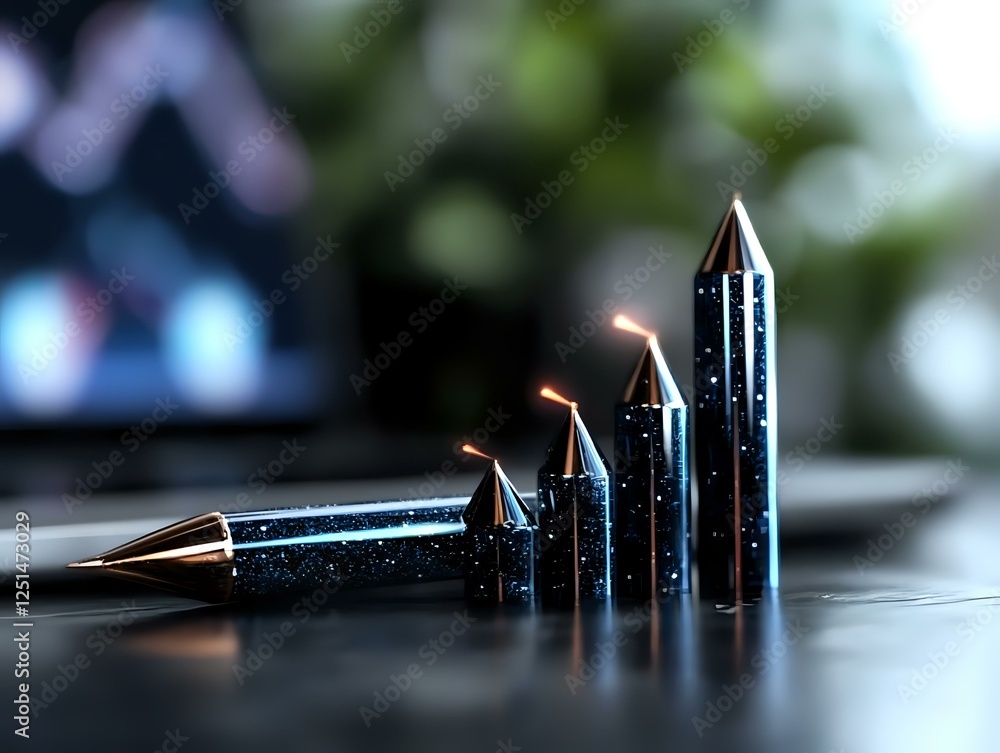 Poster metallic cone-shaped objects arranged in ascending order on reflective surface with glowing orange t