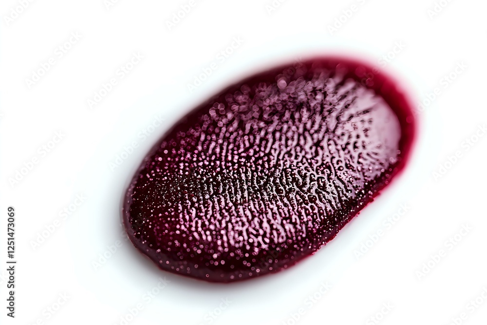 Poster macro shot of dark red kidney bean showing detailed surface texture and natural pattern against whit