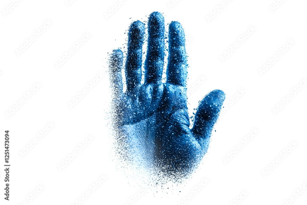 Poster artistic blue hand print with dispersing particle effect on white background, isolated design elemen