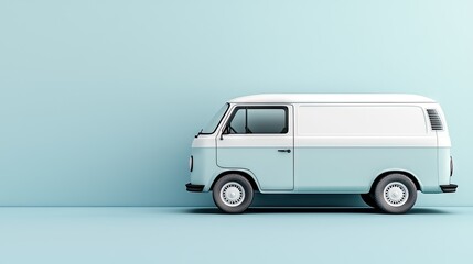 Light blue vintage van against a pastel blue background. Possible use Stock photo for transportation, vintage, or advertising design