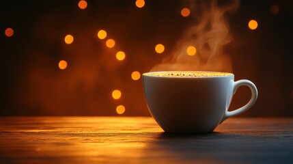 Obraz premium Warm Steaming Coffee Cup on Wooden Table with Bokeh Lights Background
