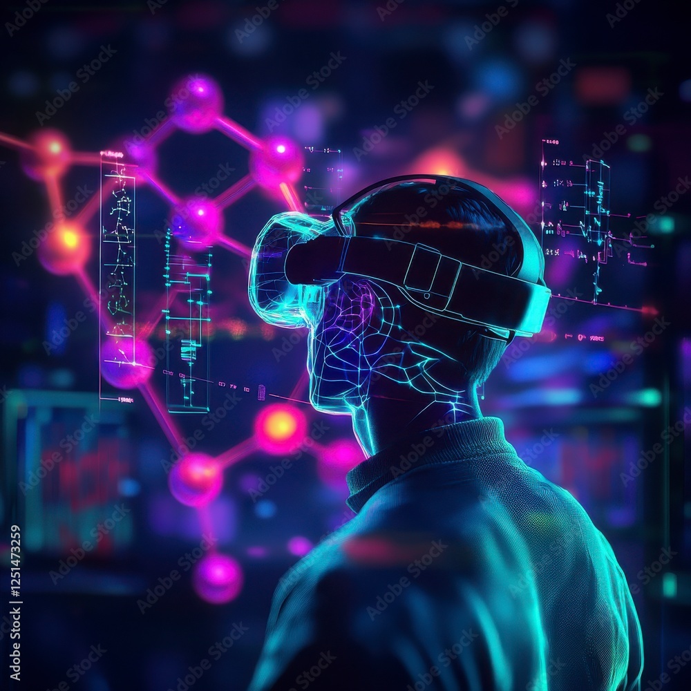Aufkleber person wearing virtual reality headset immersed in futuristic technology and data visualization grap