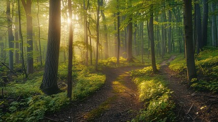a path in the middle of the forest with morning sunlight