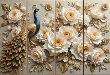 elegant 3d floral pattern featuring white and golden roses with a majestic peacock, four-panel painting, perfect for decorative purposes, living room, and interior design.