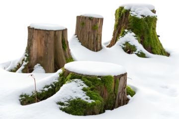 Snow covered tree stumps in a winter landscape