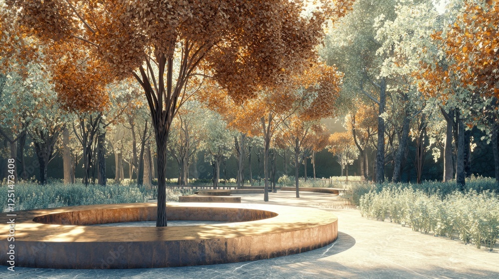 Poster a park with a large tree in the center and a circular bench around it