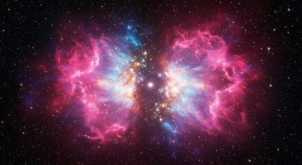 Obraz premium Cosmic Butterfly Nebula: A breathtaking image of a nebula resembling a vibrant butterfly, with its wings ablaze in hues of pink, blue, and orange, against the backdrop of a star-studded universe. 