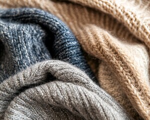 A close-up shot of woolen knitted sweaters in the 2025 trending color, with a rich texture and cozy feel on a neutral background