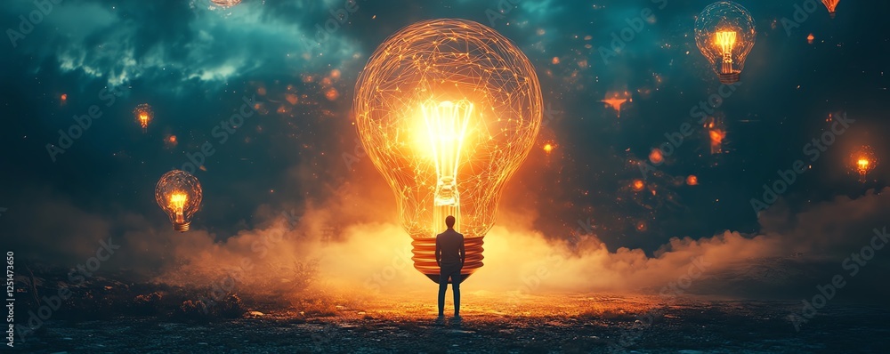 Poster a person standing before a colossal glowing light bulb, rays of light representing problemsolving an
