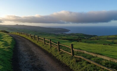 Scenic coastal road with wooden fence, green fields, and ocean view at sunrise.