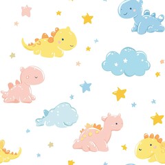 Seamless pattern design playful baby dinosaur, watercolor safari animals, cute baby zebra, lion, tiger