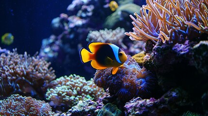 Obraz premium Vibrant Coral Reef Teeming with Colorful Fish and Marine Life, the Beauty of Aquatic Ecosystems and the Importance of Ocean Conservation, Saltwater Aquariums, Tanks, Kits, Nanos, Reeftanks Concept